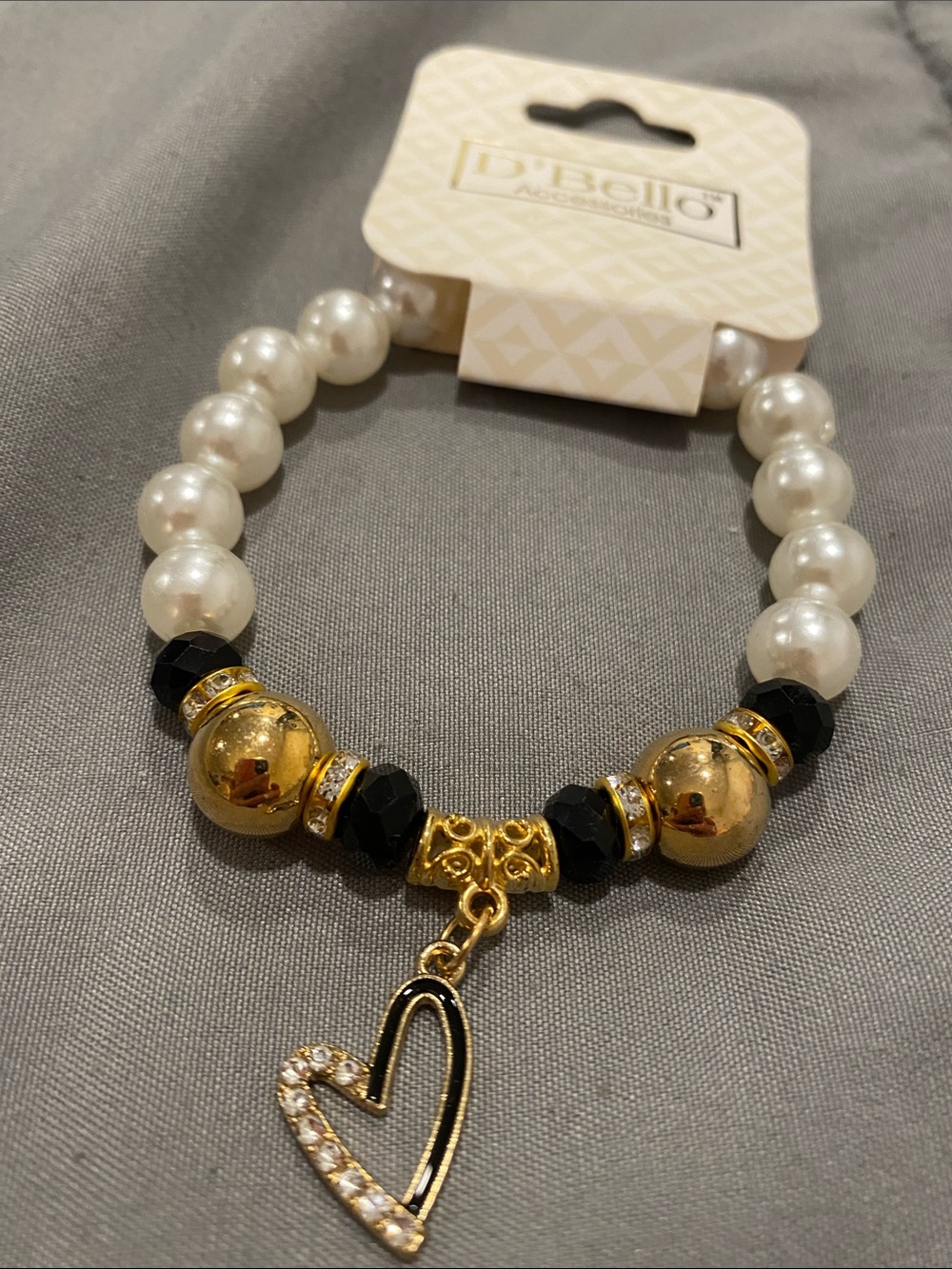 Gold & Pearl Heart Charm Bracelet - Black and White